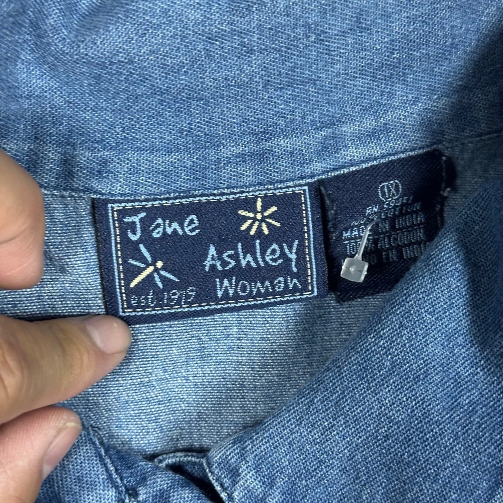 Jane Ashley 1X Blue Denim Safari Zebra Palm Tree Embroidered Cottagecore Top - Picture 8 of 11